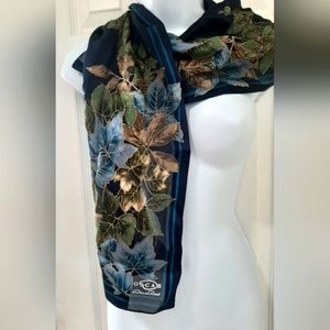 Oscar de la Renta Silk Scarf  floral blue gold & green vintage 11 x 50 i…